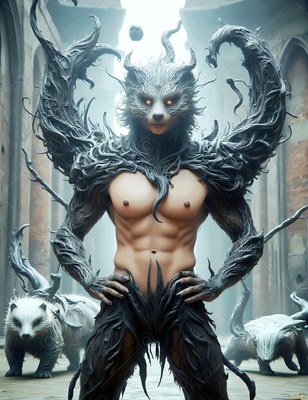 In a stone hall, a bare-chested badger man stands with hands on his hips