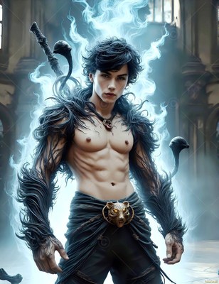 Standing shirtless in pale blue light, a youthful man poses with dark fur along his arms