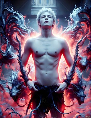 Shirtless man standing before smoky red light and dragon shapes