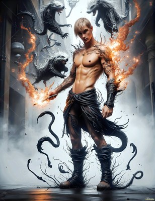 Black vines coil over a shirtless blond man standing in a stone hall with leaping badgers and fire
