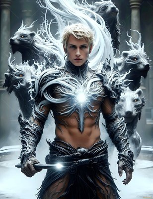 Facing forward in a stone hall, a shirtless man stands near white badgers