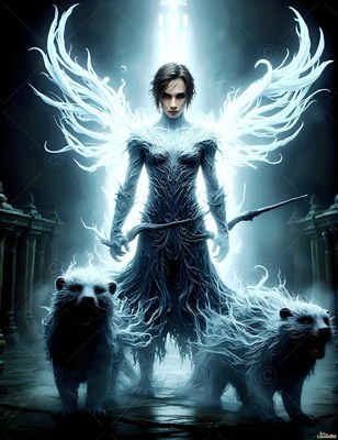A pale man with white wings stands with two fierce badgers in bright light