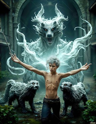 A shirtless man casts a spell with white spirit badgers in a courtyard