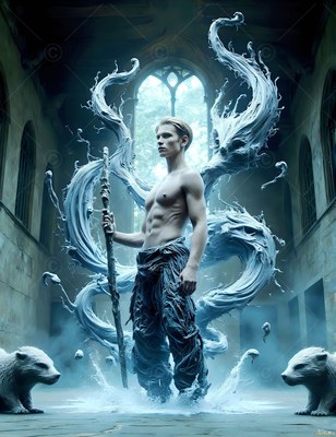 Bare-chested in loose pants inside a stone hall, a young man holds a staff near two badgers