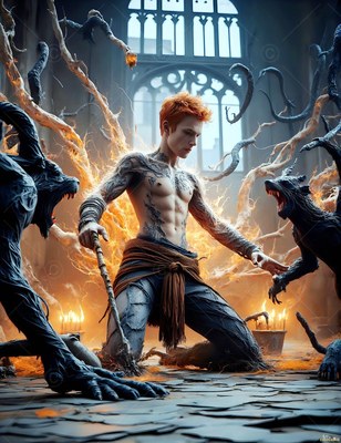 A red-haired man kneels between dark beasts with a wand in bright yellow light