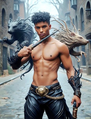 A shirtless man stands on a stone street holding a wand with two badger spirits
