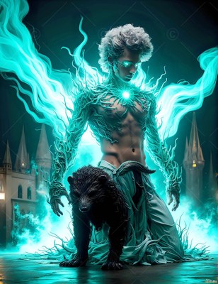Outside a dark castle, a shirtless man kneels with a badger in bright cyan light