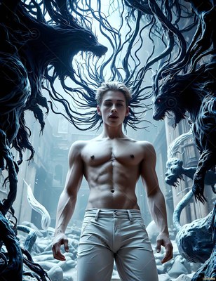 Standing bare-chested, a young man conjures dark beasts from twisted black roots
