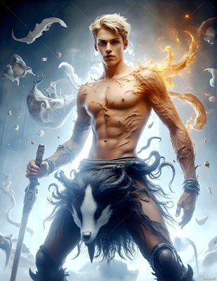 Blond hair swept back, a bare-chested man stands in swirling mist wearing a badger head belt
