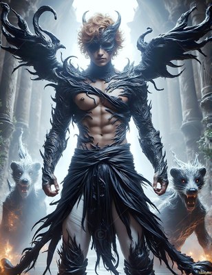 Standing upright in a stone hall, a man in black armor beside two badgers