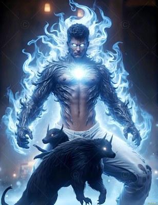 A shirtless man surrounded by blue fire stands with two dark beasts at his feet