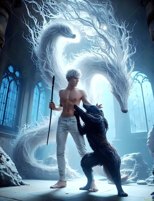 In a blue stone hall, a shirtless man stands with a black wolf and a white spirit beast