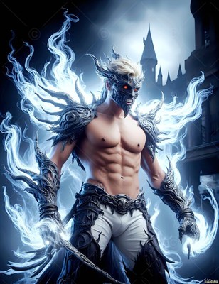 Wearing a dark horned mask outside a castle, a shirtless man summons pale blue smoke