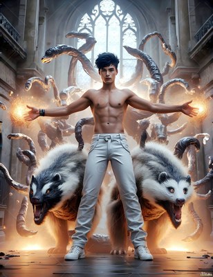 A shirtless younger man stands in a bright stone hall with two badgers and tentacles