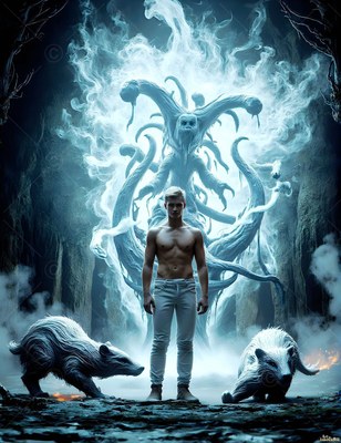 Shirtless in white pants, a blond man stands in a dark cave with two badgers and smoky blue light