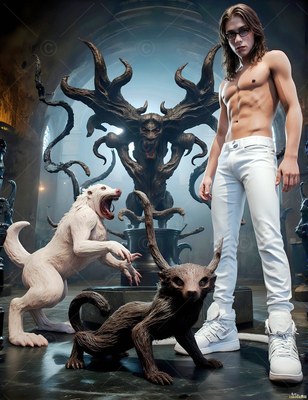 A shirtless man in white jeans stands beside two beasts under soft daylight