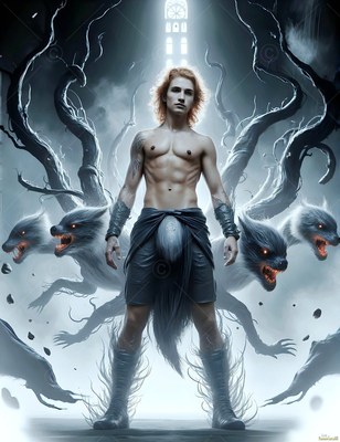 Standing shirtless in a dark hall, a man poses with snarling badgers