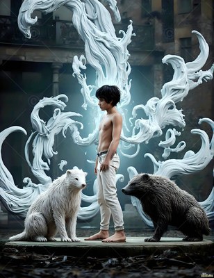 A shirtless young man stands barefoot between two badgers by a pale smoke sculpture
