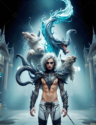 In a stone hall, a shirtless man stands with two white badgers leaping above him