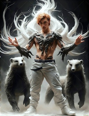 A shirtless man in white pants stands between two badgers