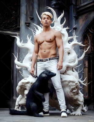 Blond hair swept aside, a shirtless man stands with a black badger by a stone castle doorway