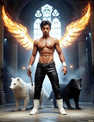 A shirtless man stands with fire wings between two badgers in bright orange light