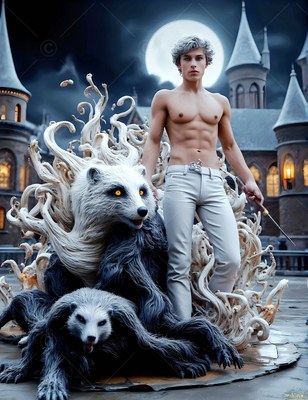 In a castle courtyard under the moon, a shirtless man stands by two badgers
