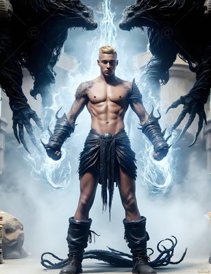 Summoning blue lightning, a shirtless man stands between two dark beasts in smoke