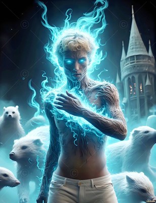 Pale jeans on a shirtless man surrounded by blue light, badgers, and a pale castle tower