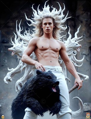 A shirtless man stands behind a snarling black badger under muted gray light