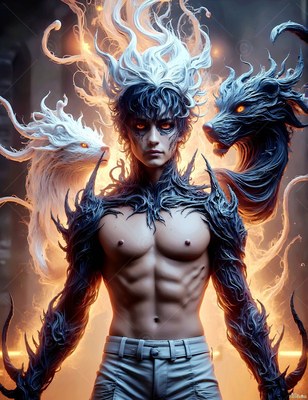 A shirtless man stands between a white beast and a dark beast in warm light