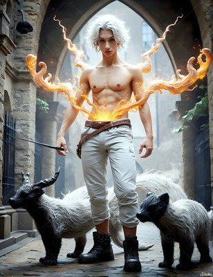 In a stone archway, a shirtless man casts fiery magic with two horned beasts