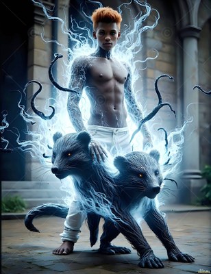 Standing bare-chested in a courtyard, a man summons smoke-covered badgers
