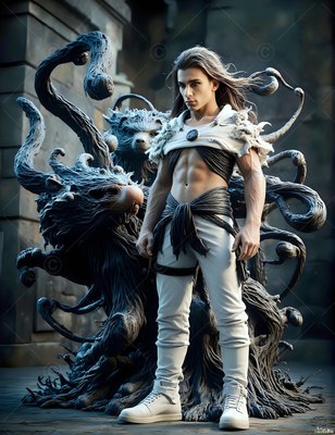 A man in white pants stands before a dark badger spirit outdoors