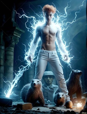 Curly red hair crowns a bare-chested man in his youth in white pants standing in stone ruins with badgers