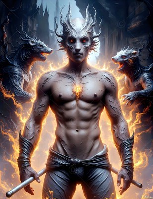 A shirtless man in a horned mask stands between two fiery badgers holding batons
