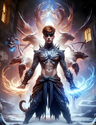 In a dark stone courtyard, a bare-chested man summons badger spirits with his hands