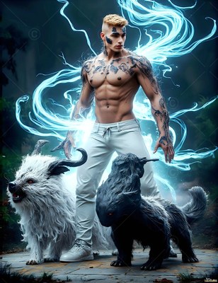 A shirtless tattooed man stands between two horned badgers with bright blue light