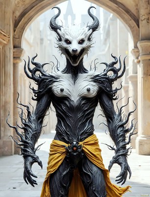 A man transformed into a horned badger beast in a stone archway