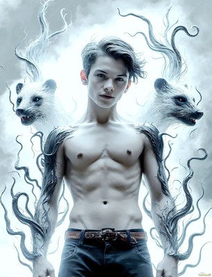 Dark tendrils sprout from the arms of a shirtless younger man flanked by two badger heads in the pale fog