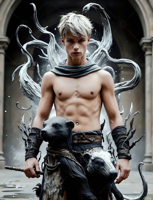 A shirtless man in his youth stands with two badgers under a pale gray courtyard arch