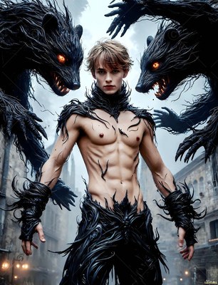Facing forward in a city street, a shirtless man stands between two black beasts