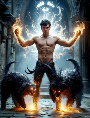 Shirtless man raising fiery hands between two dark badgers