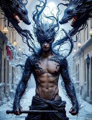 Dark tendrils spread over the bare chest of a man standing in a paved castle street