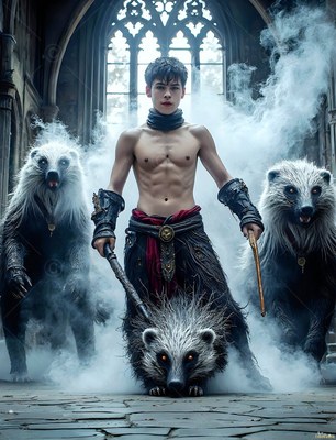 Standing bare-chested in a stone hall, a younger man grips a staff near three badgers in smoke