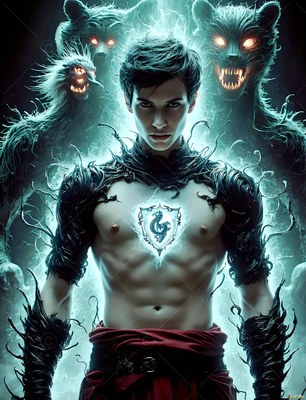 A shirtless man stands before fierce ghost badgers with bright teal light