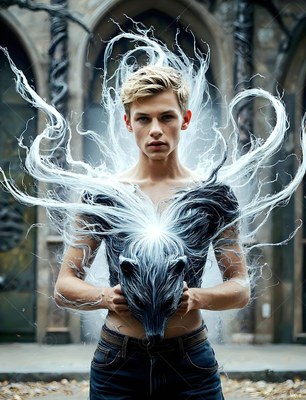 In a stone courtyard, a youthful man grips a badger head made of white smoke