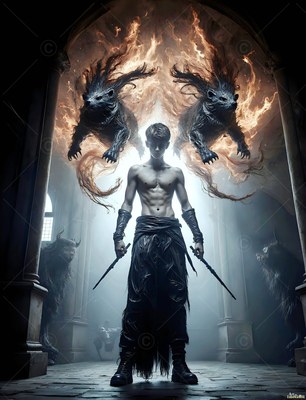 Holding two daggers, a shirtless man summons two fiery badgers in a stone hall