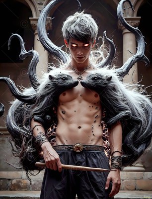 Shirtless man with badger shoulders holding a wand in a courtyard