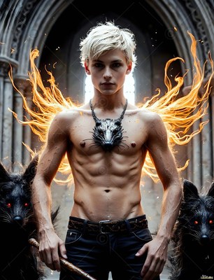 A shirtless blond man stands with fiery wings under warm golden light